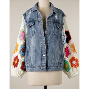 Jean Jacket with Multicolor Crochet Sleeves